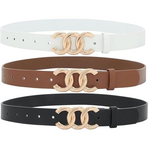 Accessories - 3-pack designer inspired belts with gold buckle, black/tan/white, size 38-41